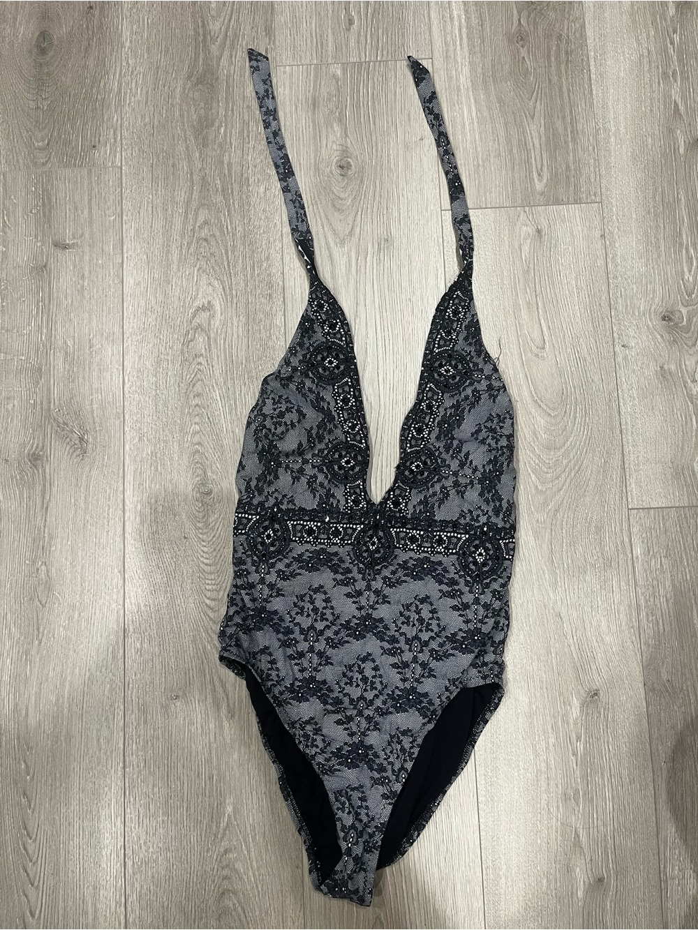 Jantzen Deep V Lace-Detail One-Piece Swimsuit with Beads & Sequins NWOT